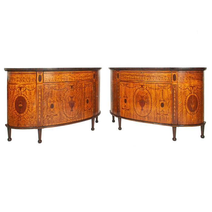 Antique Pair Regency Sheraton Marquetry Inlaid Mahogany Demi Lune Cabinets 1900