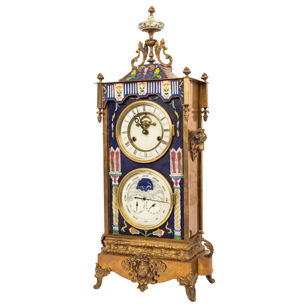 Large Antique French Cloisonné & Brass Astronomical 8 Day Calendar Clock, Circa 1890