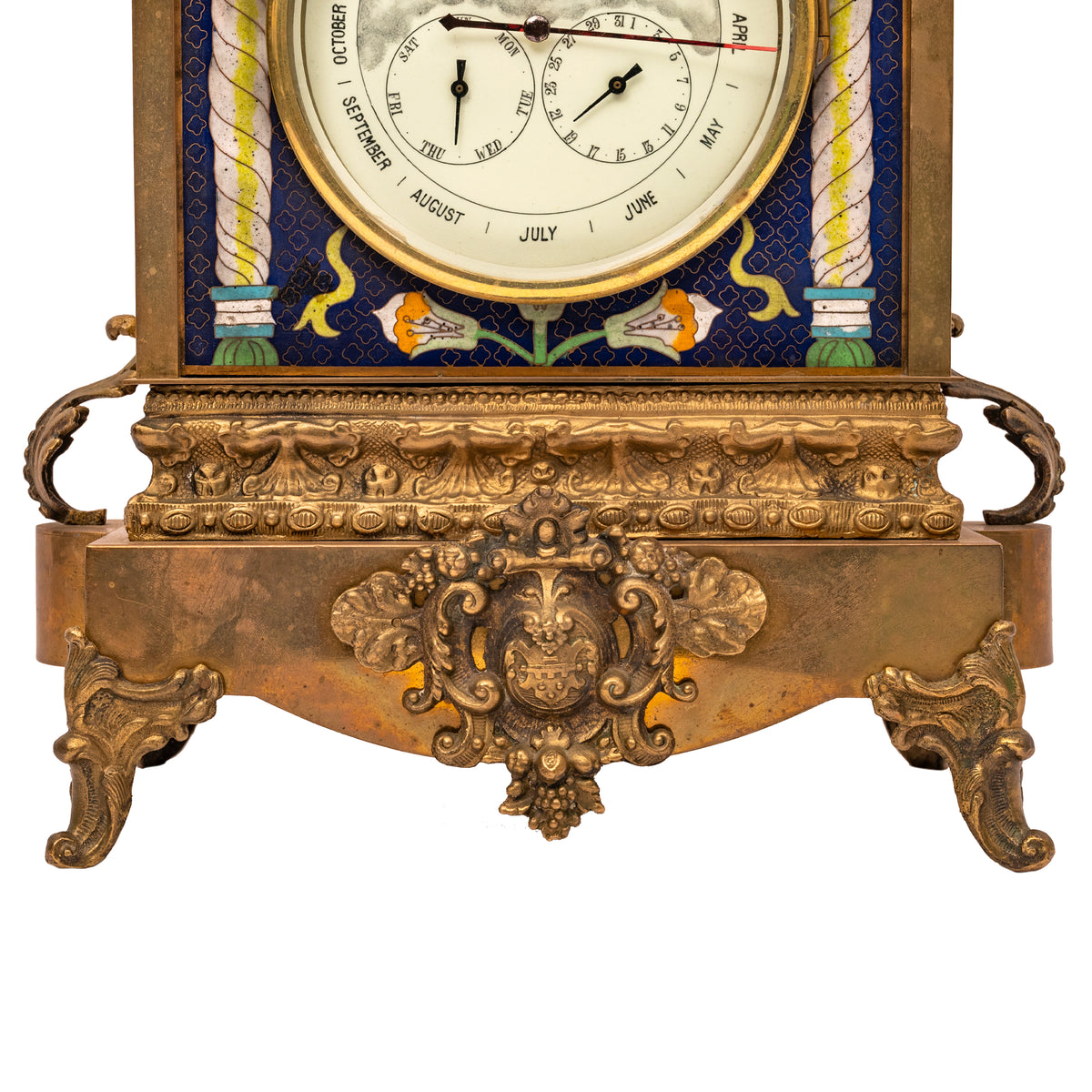 Large Antique French Cloisonné & Brass Astronomical 8 Day Calendar Clock, Circa 1890