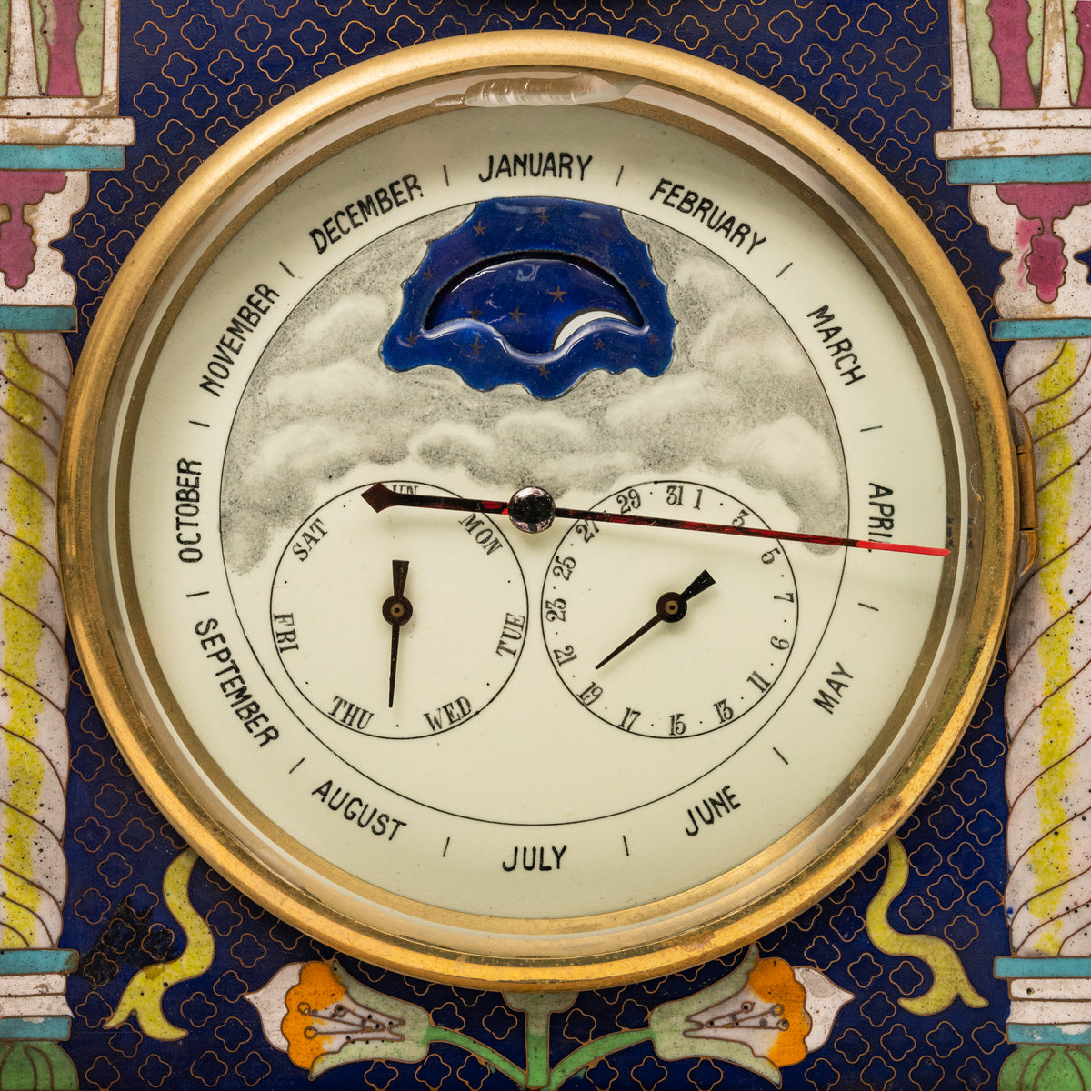 Large Antique French Cloisonné & Brass Astronomical 8 Day Calendar Clock, Circa 1890