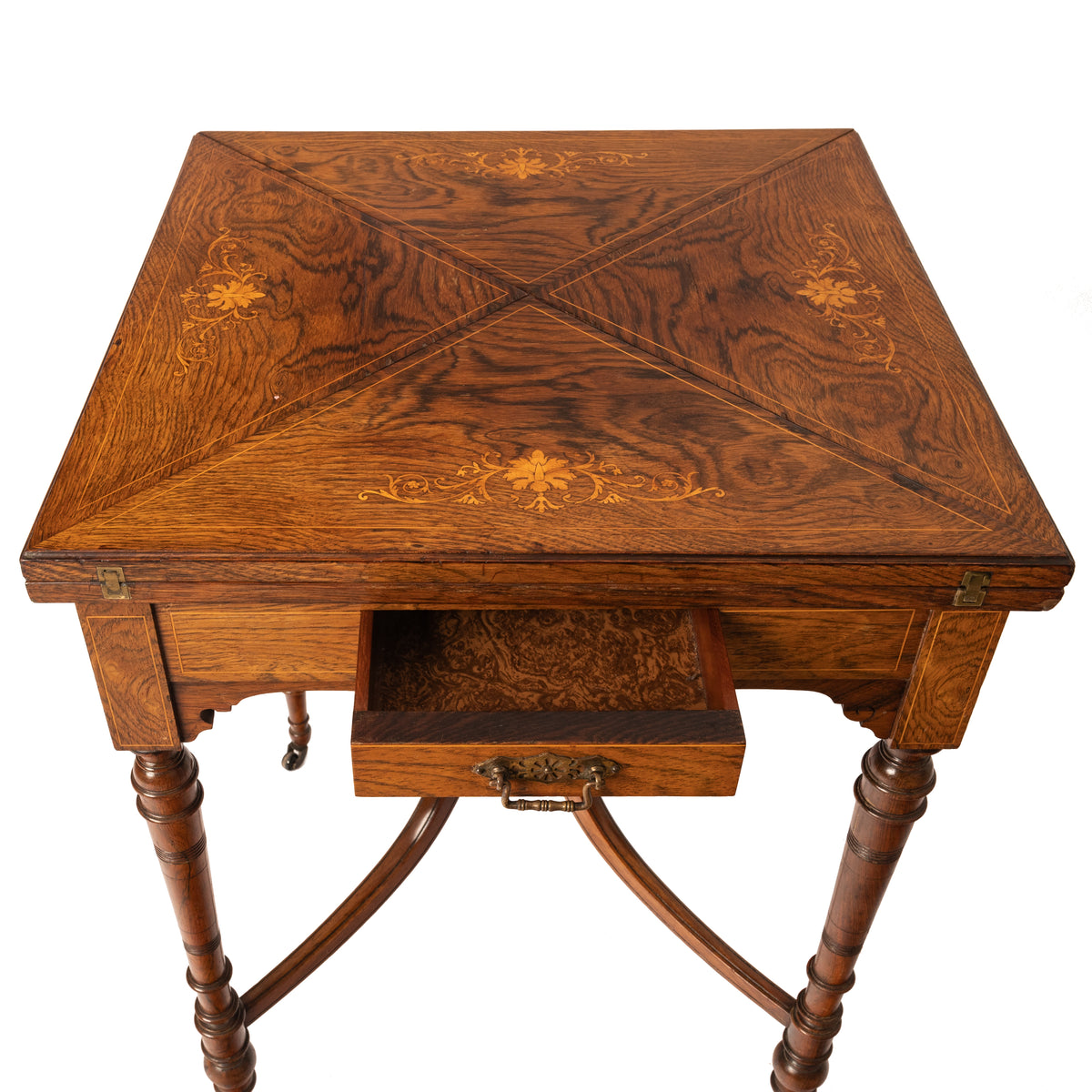 Antique 19th Century Rosewood Marquetry Inlaid Envelope Card Games Table, Circa 1890