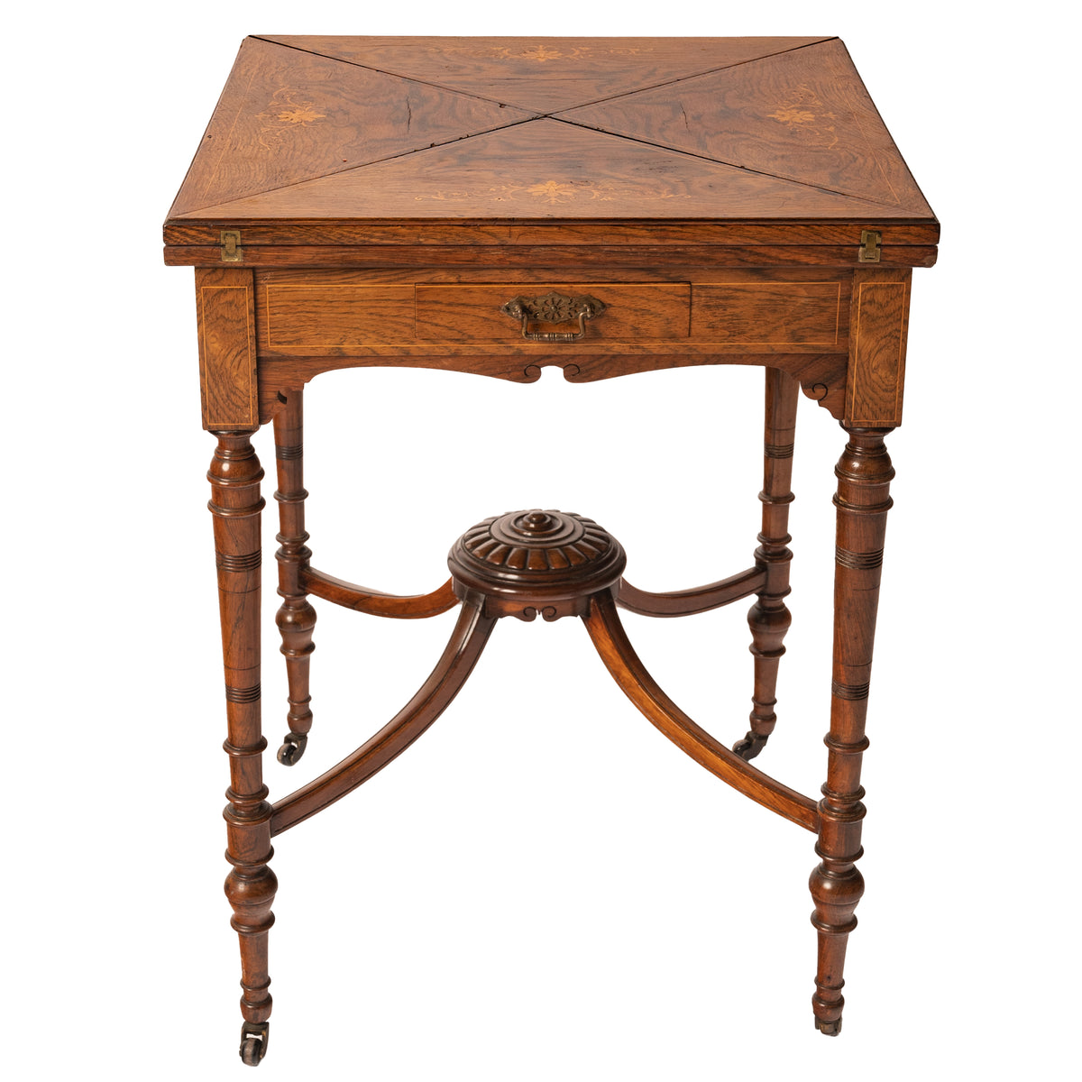 Antique 19th Century Rosewood Marquetry Inlaid Envelope Card Games Table, Circa 1890