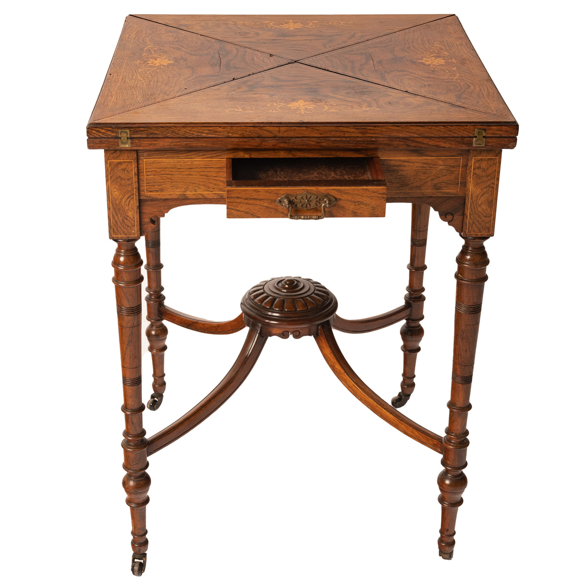 Antique 19th Century Rosewood Marquetry Inlaid Envelope Card Games Table, Circa 1890