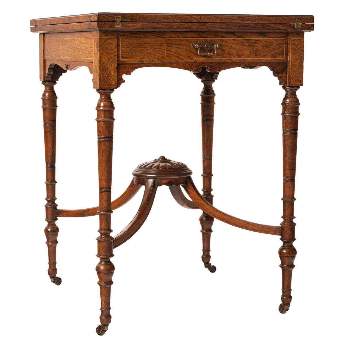 Antique 19th Century Rosewood Marquetry Inlaid Envelope Card Games Table, Circa 1890