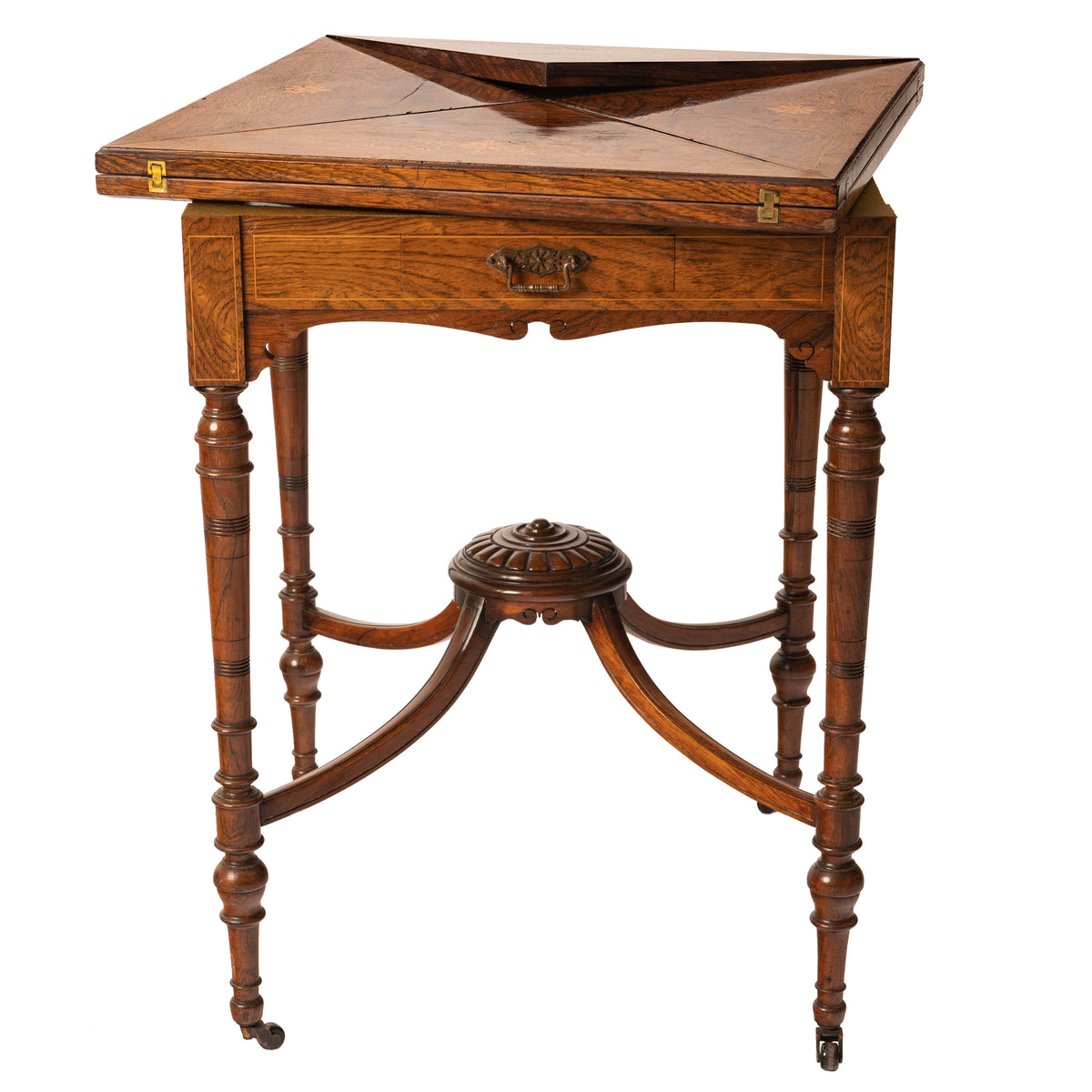 Antique 19th Century Rosewood Marquetry Inlaid Envelope Card Games Table, Circa 1890