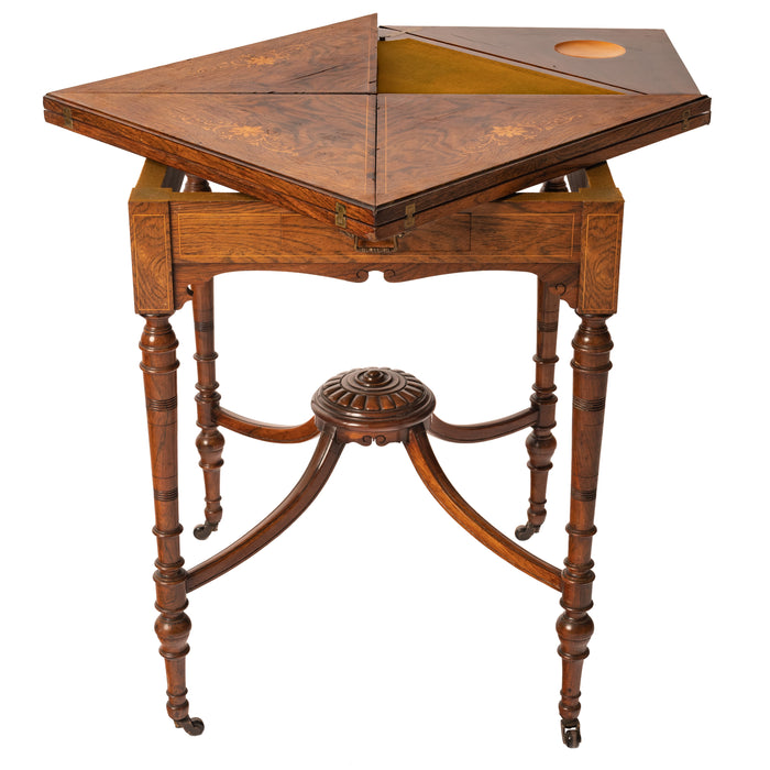 Antique 19th Century Rosewood Marquetry Inlaid Envelope Card Games Table, Circa 1890