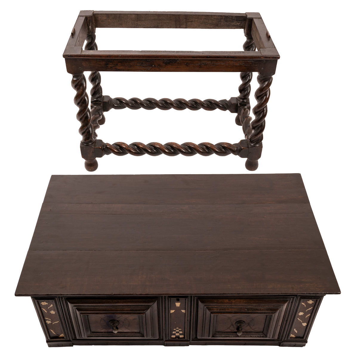 Antique Irish 17th Century William & Mary Marquetry Bone Ebony Oak Chest Stand, Circa 1690