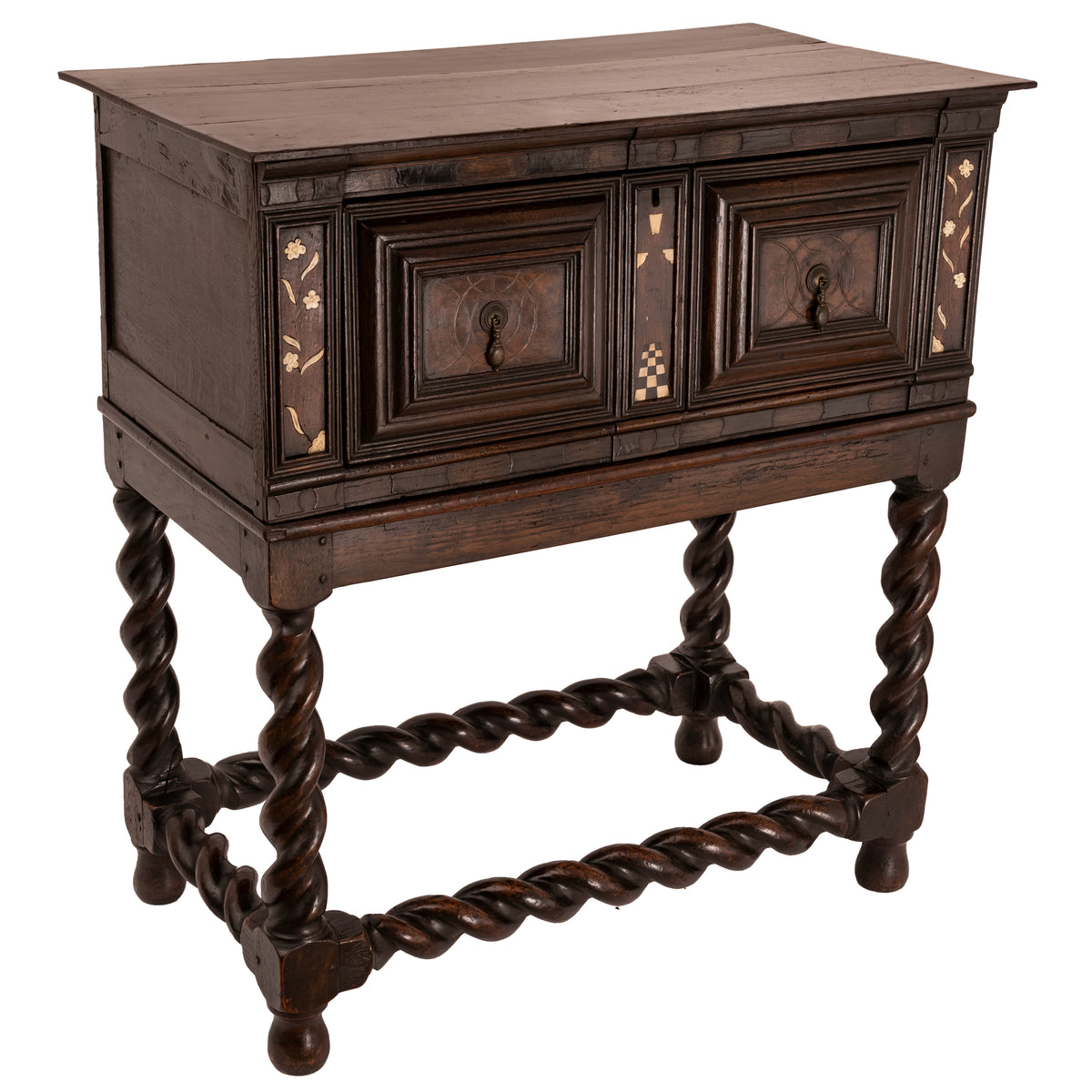 Antique Irish 17th Century William & Mary Marquetry Bone Ebony Oak Chest Stand, Circa 1690