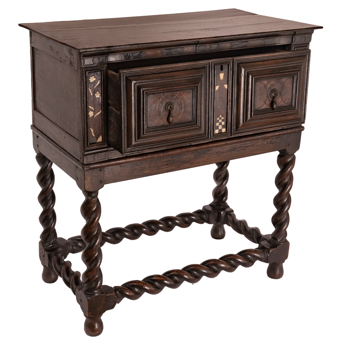 Antique Irish 17th Century William & Mary Marquetry Bone Ebony Oak Chest Stand, Circa 1690