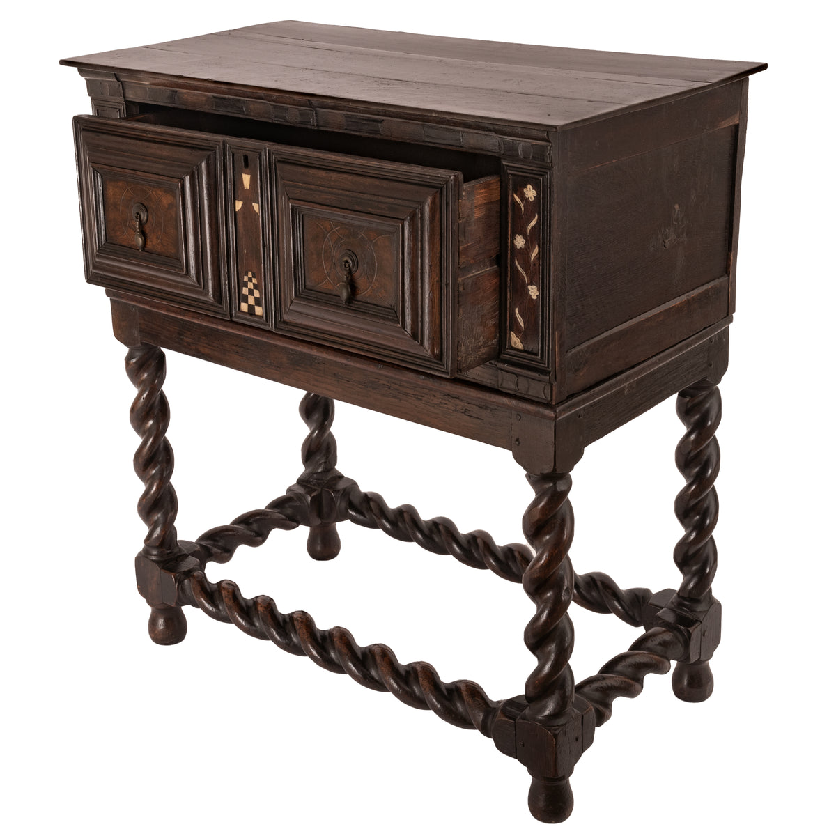 Antique Irish 17th Century William & Mary Marquetry Bone Ebony Oak Chest Stand, Circa 1690
