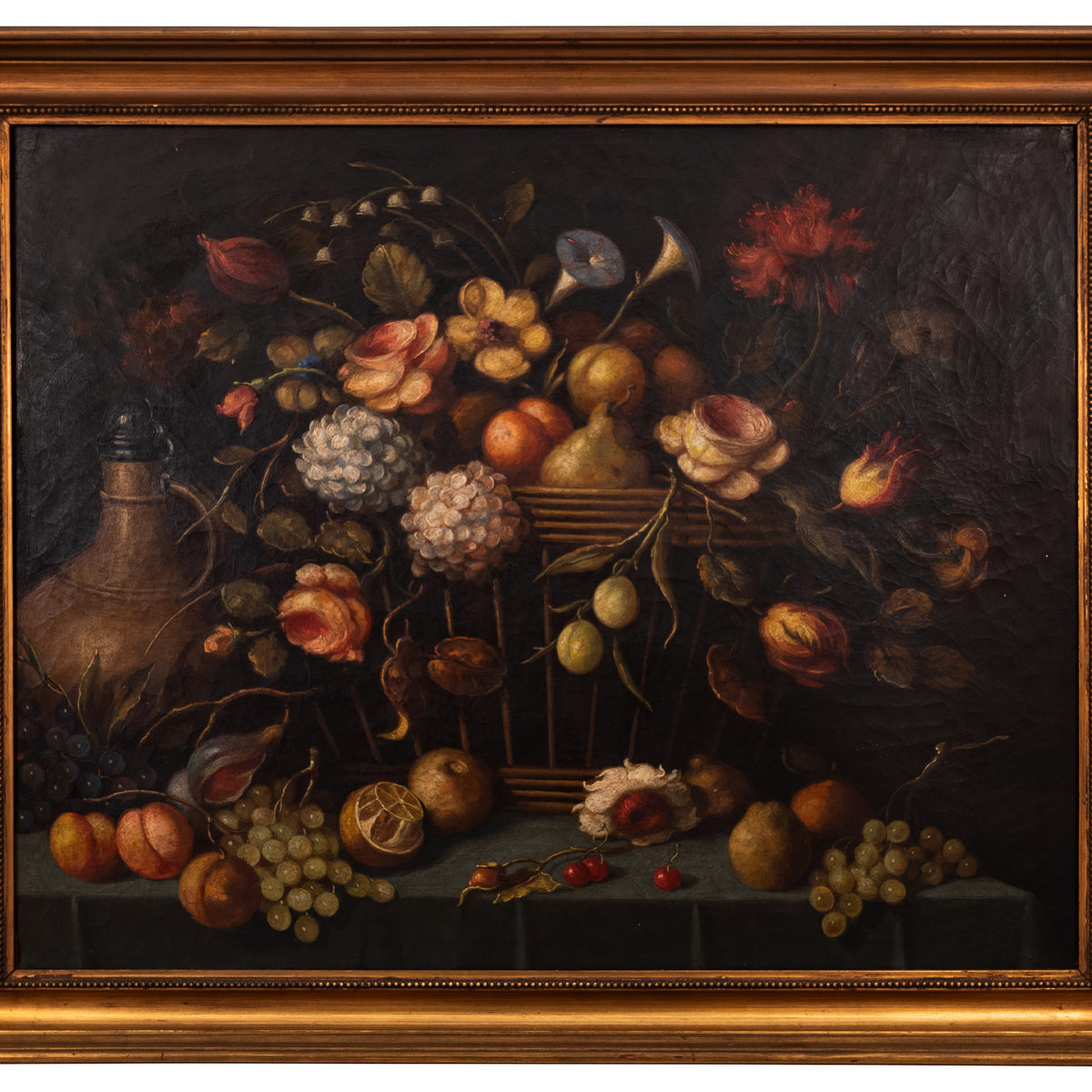Large Antique 18th Century Fruit Flowers Still Life Oil Painting Dutch School, Circa 1780