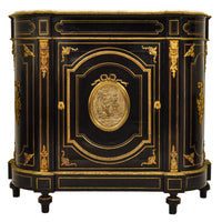 Antique French Napoleon III Gilt Bronze Medallion & Marble Ebonized Cabinet, 1860