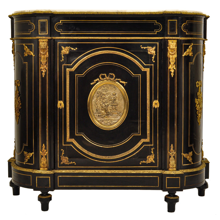 Antique French Napoleon III Gilt Bronze Medallion & Marble Ebonized Cabinet, 1860