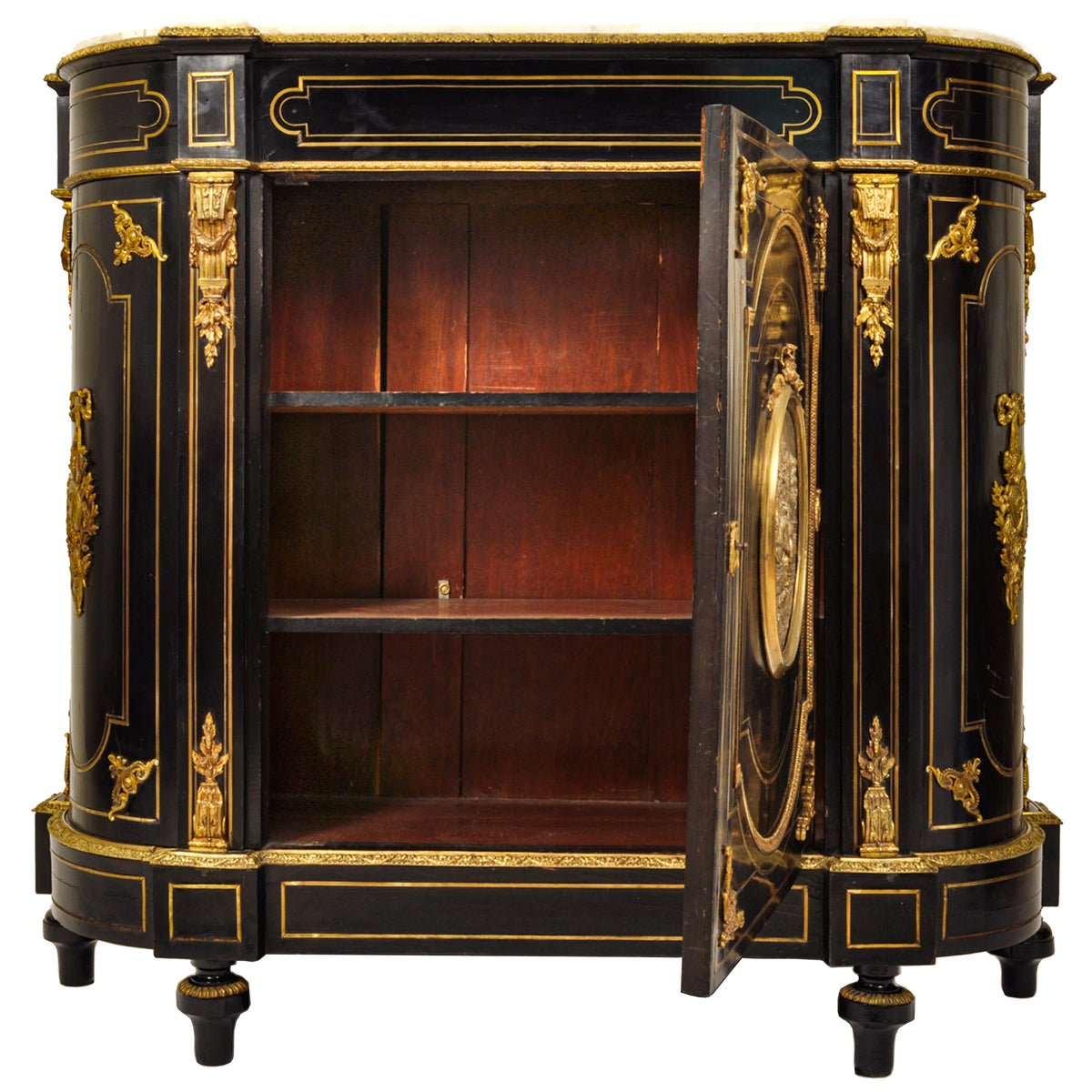 Antique French Napoleon III Gilt Bronze Medallion & Marble Ebonized Cabinet, 1860