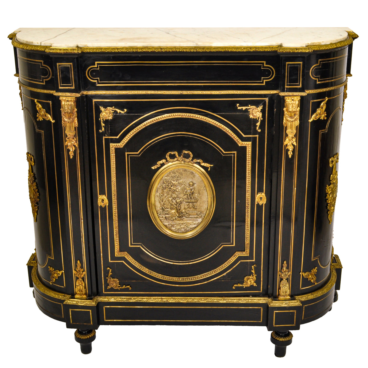 Antique French Napoleon III Gilt Bronze Medallion & Marble Ebonized Cabinet, 1860