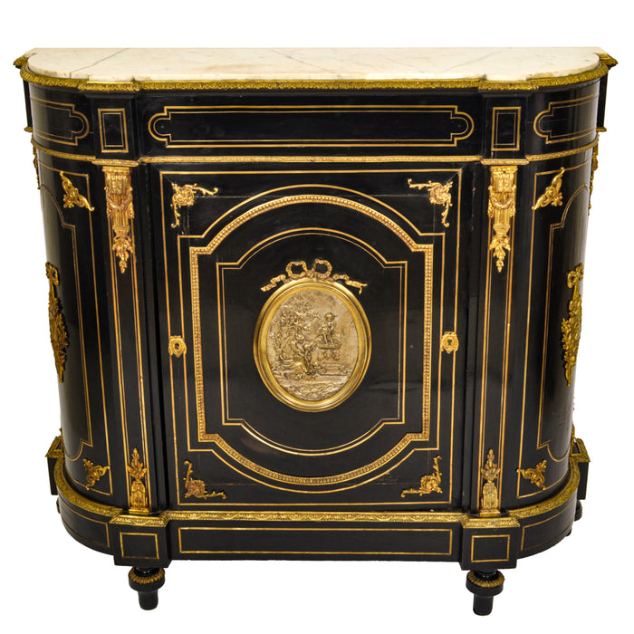 Antique French Napoleon III Gilt Bronze Medallion & Marble Ebonized Cabinet, 1860