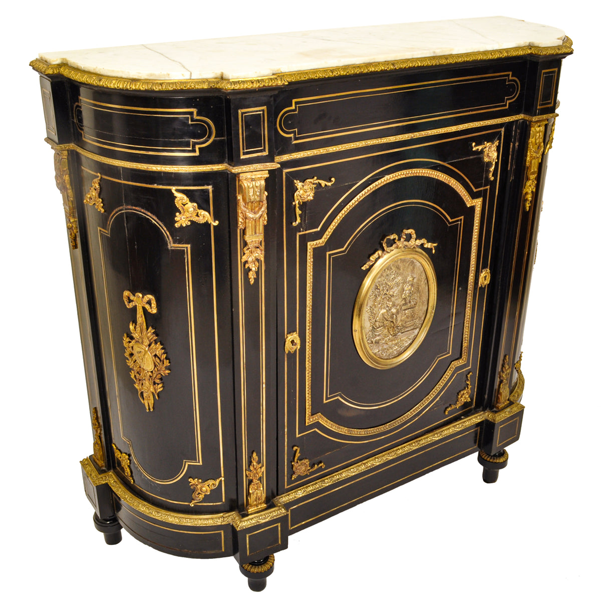 Antique French Napoleon III Gilt Bronze Medallion & Marble Ebonized Cabinet, 1860