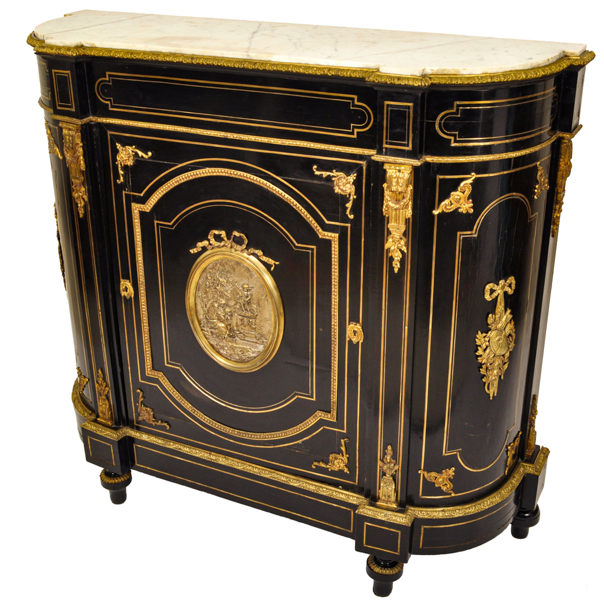 Antique French Napoleon III Gilt Bronze Medallion & Marble Ebonized Cabinet, 1860