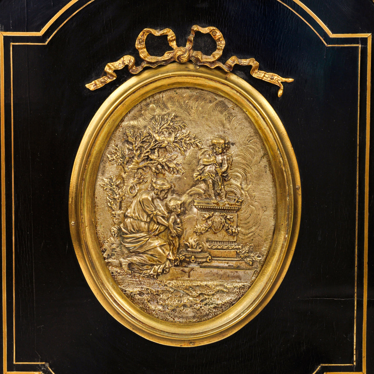 Antique French Napoleon III Gilt Bronze Medallion & Marble Ebonized Cabinet, 1860
