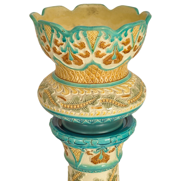 Antique Art Nouveau Burmantofts Faience Majolica Pottery Stand & Jardiniere, Circa 1895