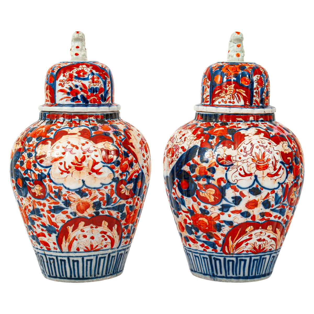 Pair Large Antique Japanese Meiji Period Porcelain Imari Lidded Jars Urns, Circa 1880