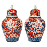 Pair Large Antique Japanese Meiji Period Porcelain Imari Lidded Jars Urns, Circa 1880