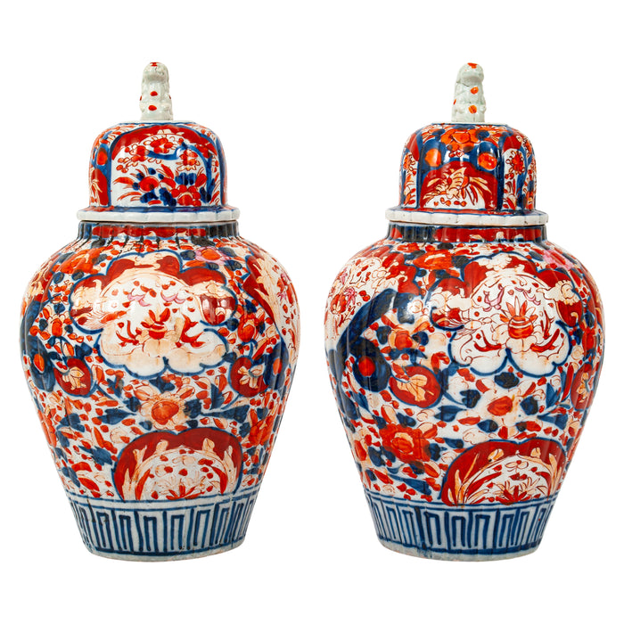 Pair Large Antique Japanese Meiji Period Porcelain Imari Lidded Jars Urns, Circa 1880