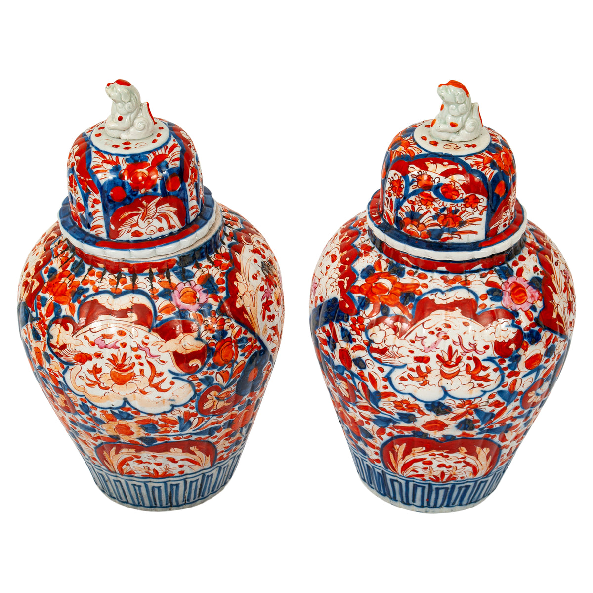 Pair Large Antique Japanese Meiji Period Porcelain Imari Lidded Jars Urns, Circa 1880