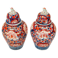 Pair Large Antique Japanese Meiji Period Porcelain Imari Lidded Jars Urns, Circa 1880