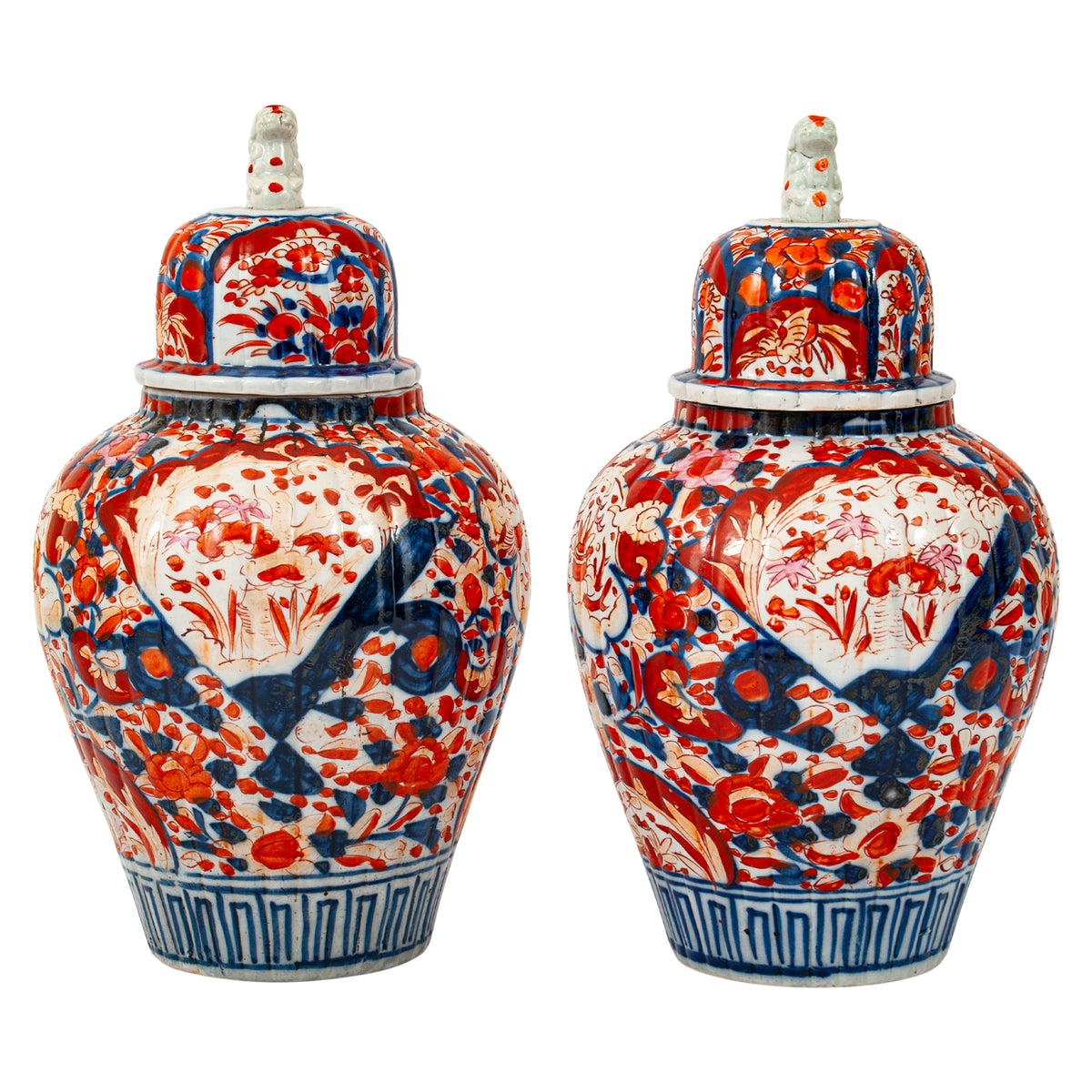 Pair Large Antique Japanese Meiji Period Porcelain Imari Lidded Jars Urns, Circa 1880