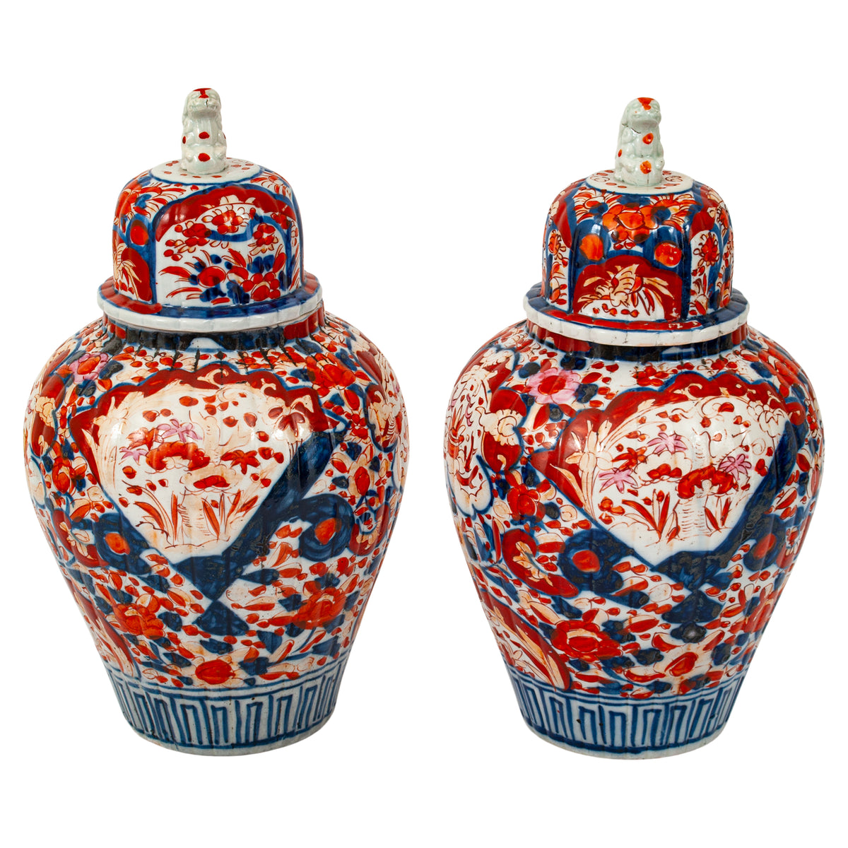 Pair Large Antique Japanese Meiji Period Porcelain Imari Lidded Jars Urns, Circa 1880