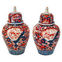 Pair Large Antique Japanese Meiji Period Porcelain Imari Lidded Jars Urns, Circa 1880