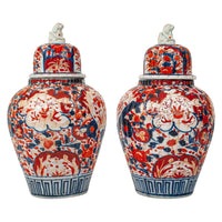 Pair Large Antique Japanese Meiji Period Porcelain Imari Lidded Jars Urns, Circa 1880