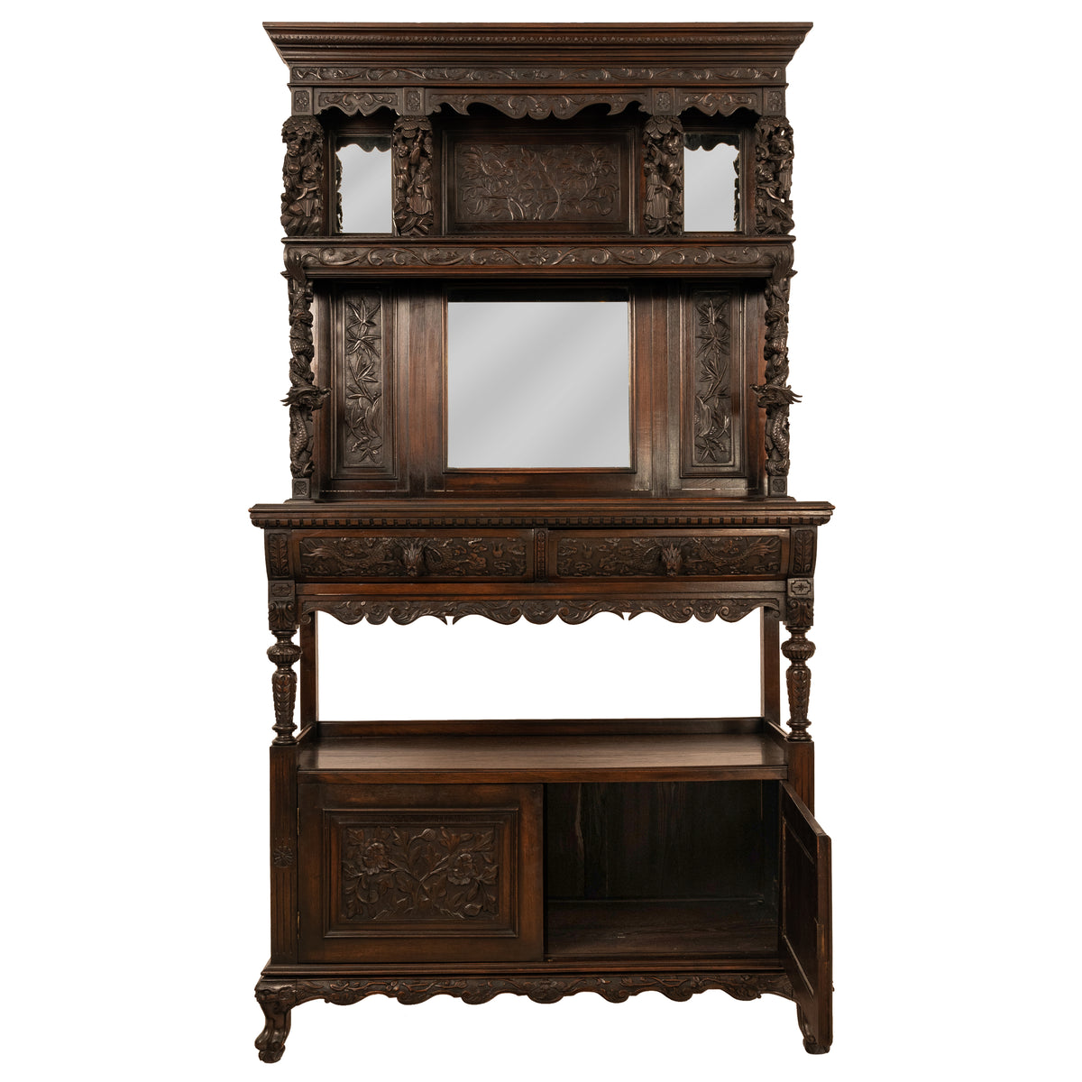 Antique French Carved Etagere Buffet Sideboard Chinoiserie Japanoise Style Circa 1875