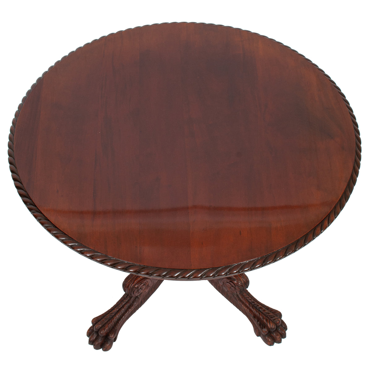 Antique French Empire Carved Walnut Lion's Paw Pedestal Round Center Table 1850
