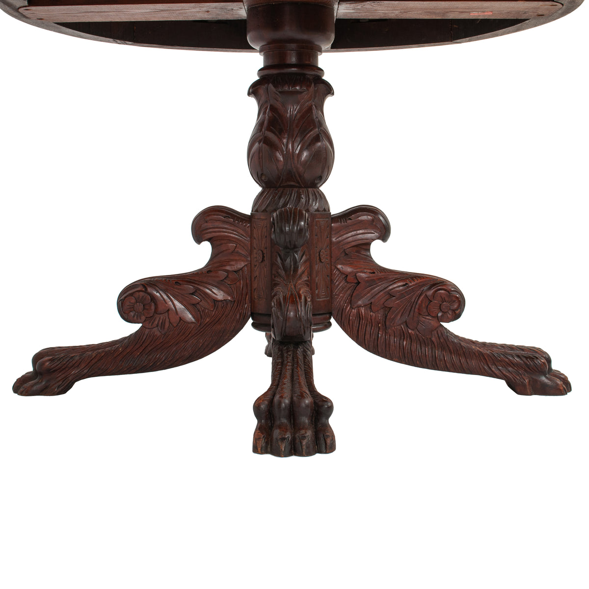 Antique French Empire Carved Walnut Lion's Paw Pedestal Round Center Table 1850