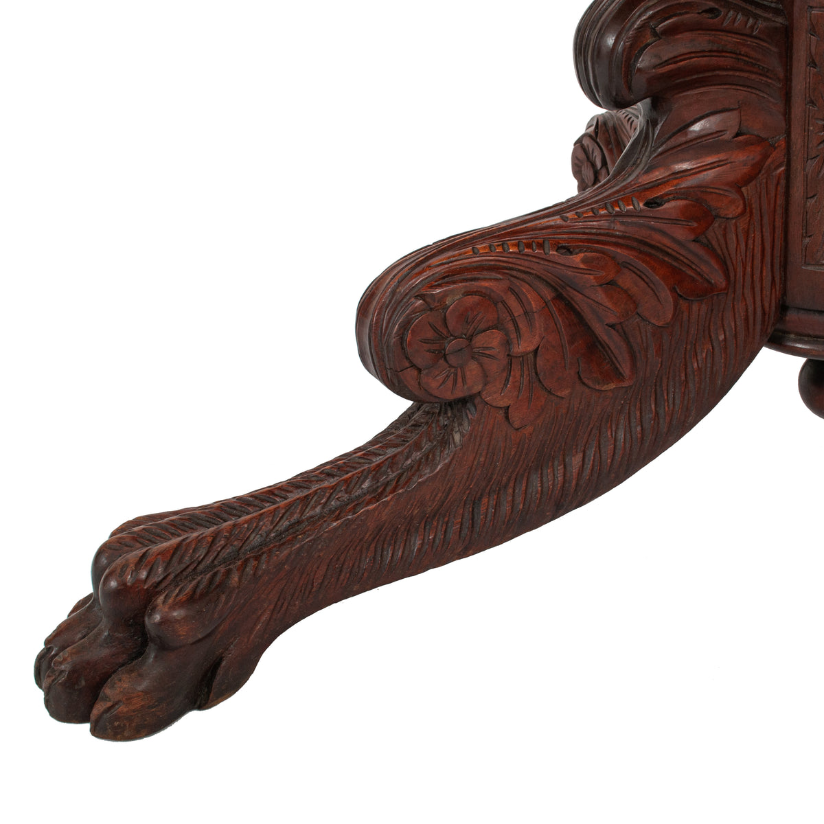 Antique French Empire Carved Walnut Lion's Paw Pedestal Round Center Table 1850