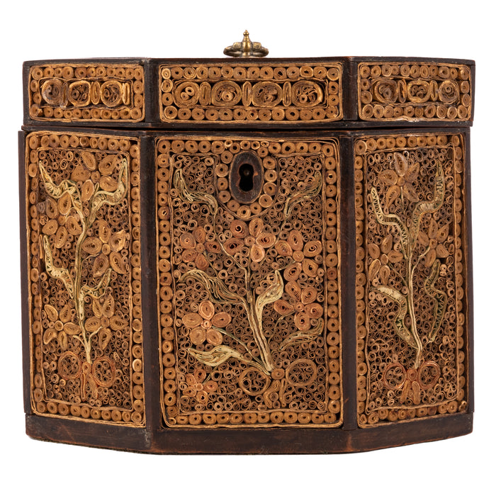 Antique 18th Century Georgian Mahoghany Paper Scroll Work Tea Caddy Box, Circa 1780