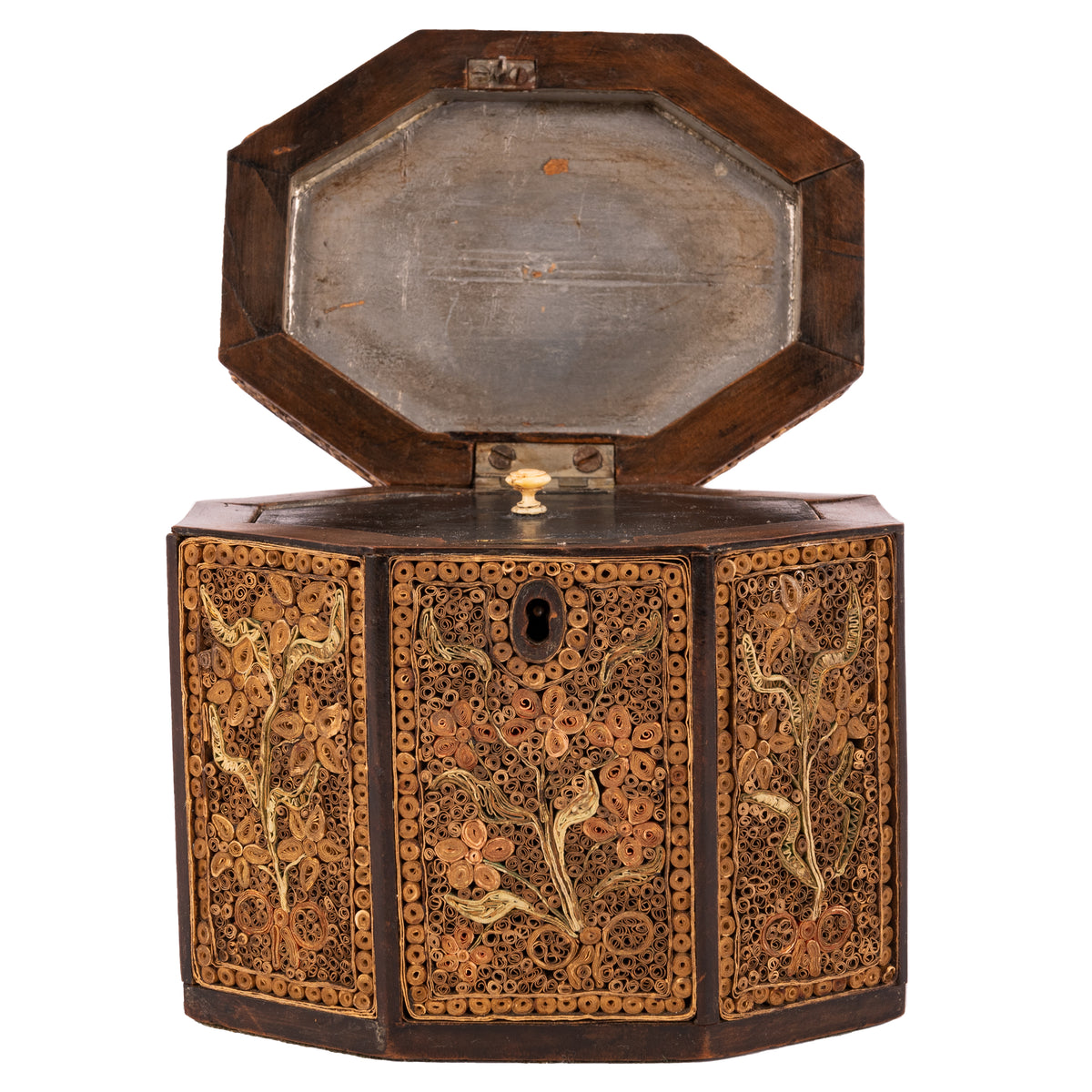 Antique 18th Century Georgian Mahoghany Paper Scroll Work Tea Caddy Box, Circa 1780