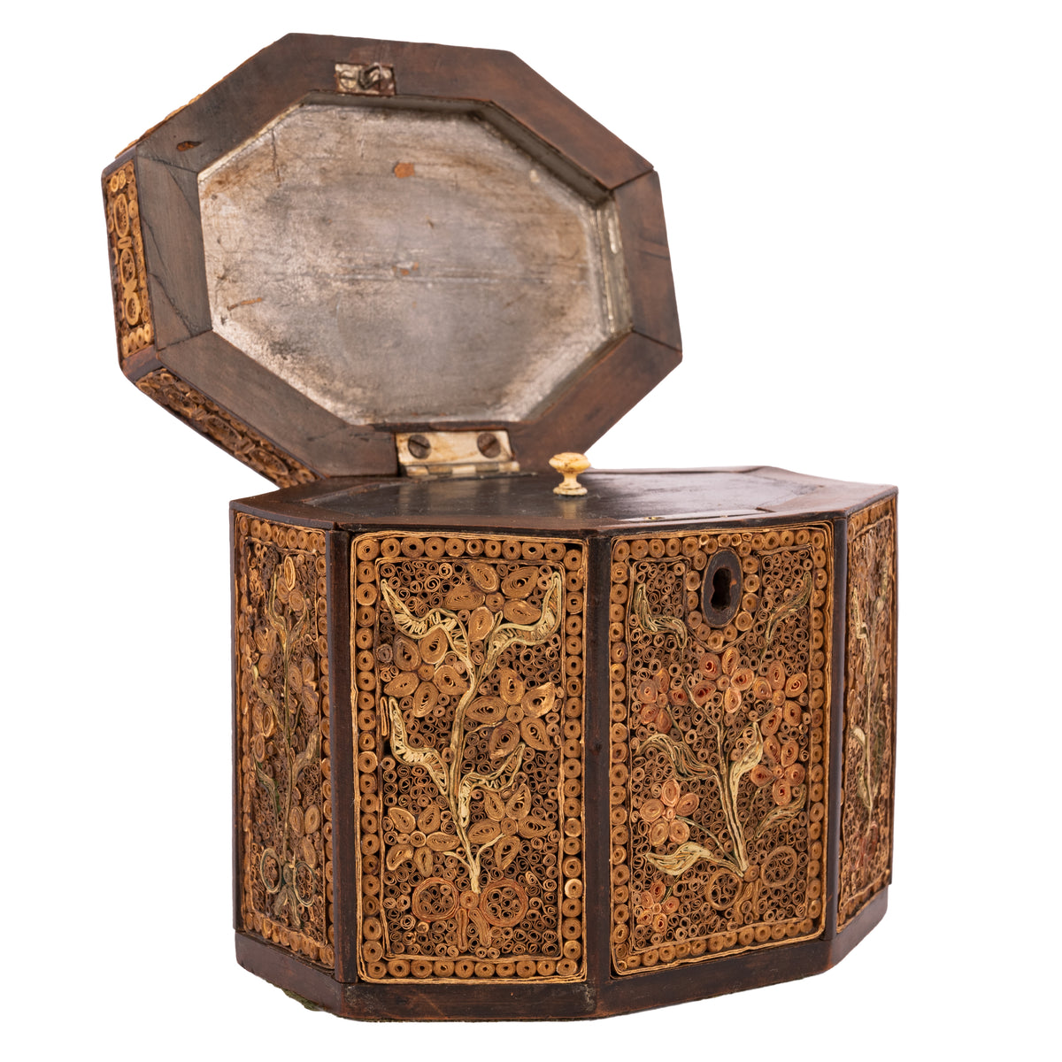 Antique 18th Century Georgian Mahoghany Paper Scroll Work Tea Caddy Box, Circa 1780