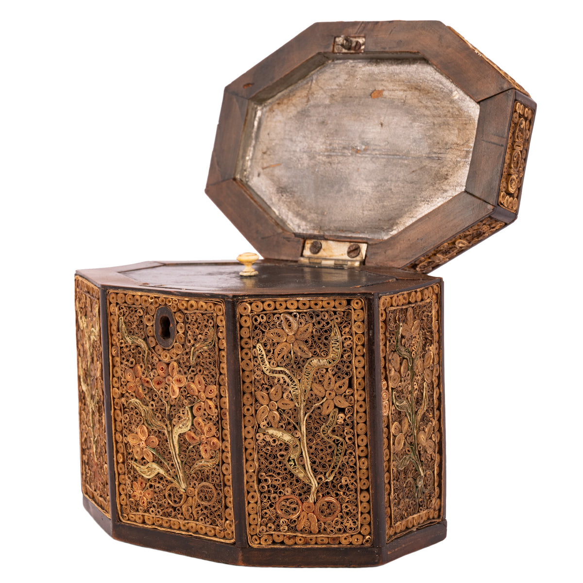 Antique 18th Century Georgian Mahoghany Paper Scroll Work Tea Caddy Box, Circa 1780