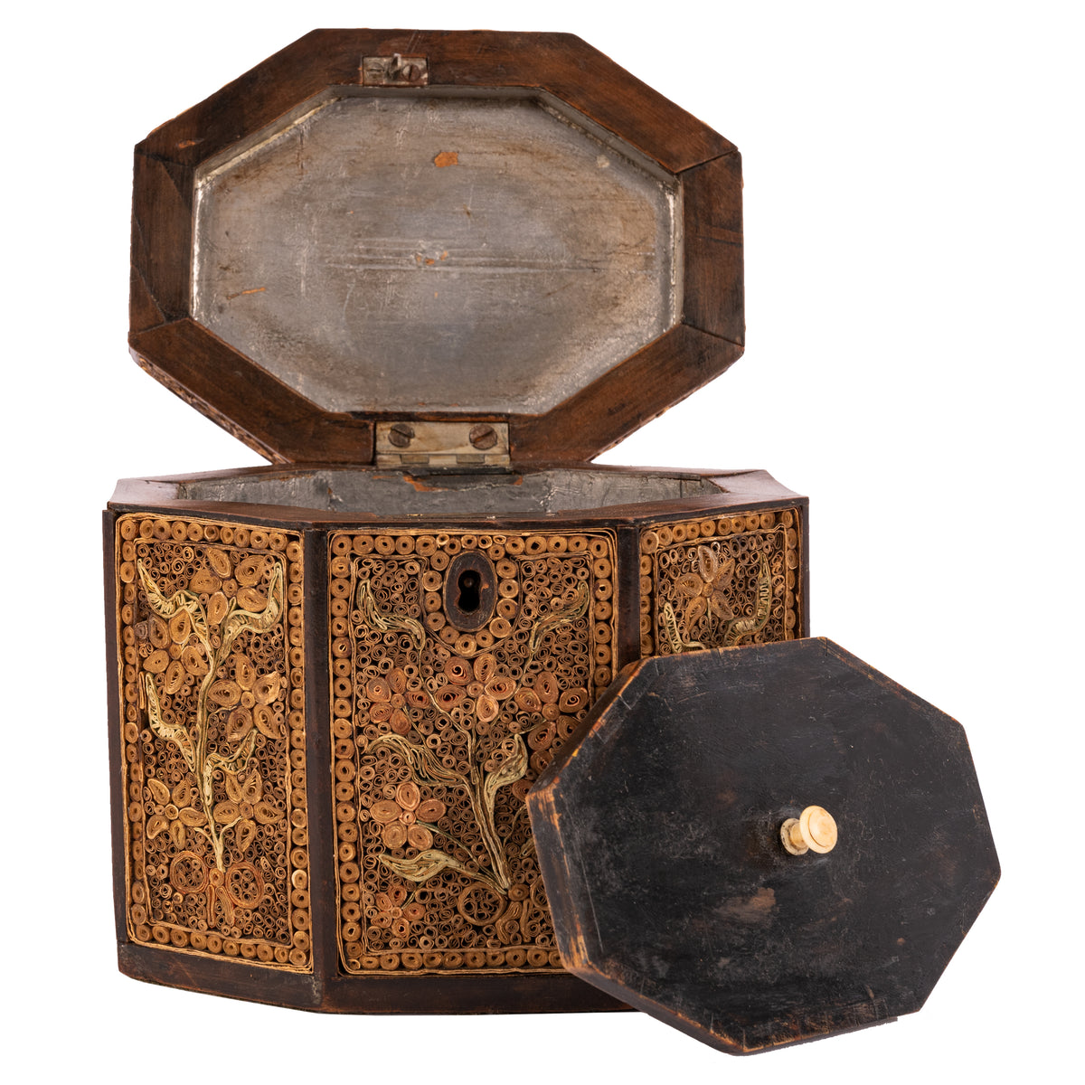 Antique 18th Century Georgian Mahoghany Paper Scroll Work Tea Caddy Box, Circa 1780