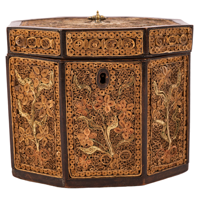 Antique 18th Century Georgian Mahoghany Paper Scroll Work Tea Caddy Box, Circa 1780