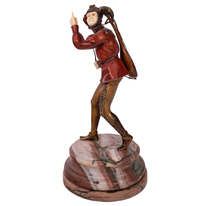Antique French Art Deco Cold Painted Bronze Ivory Jester Sculpture Figure, 1920