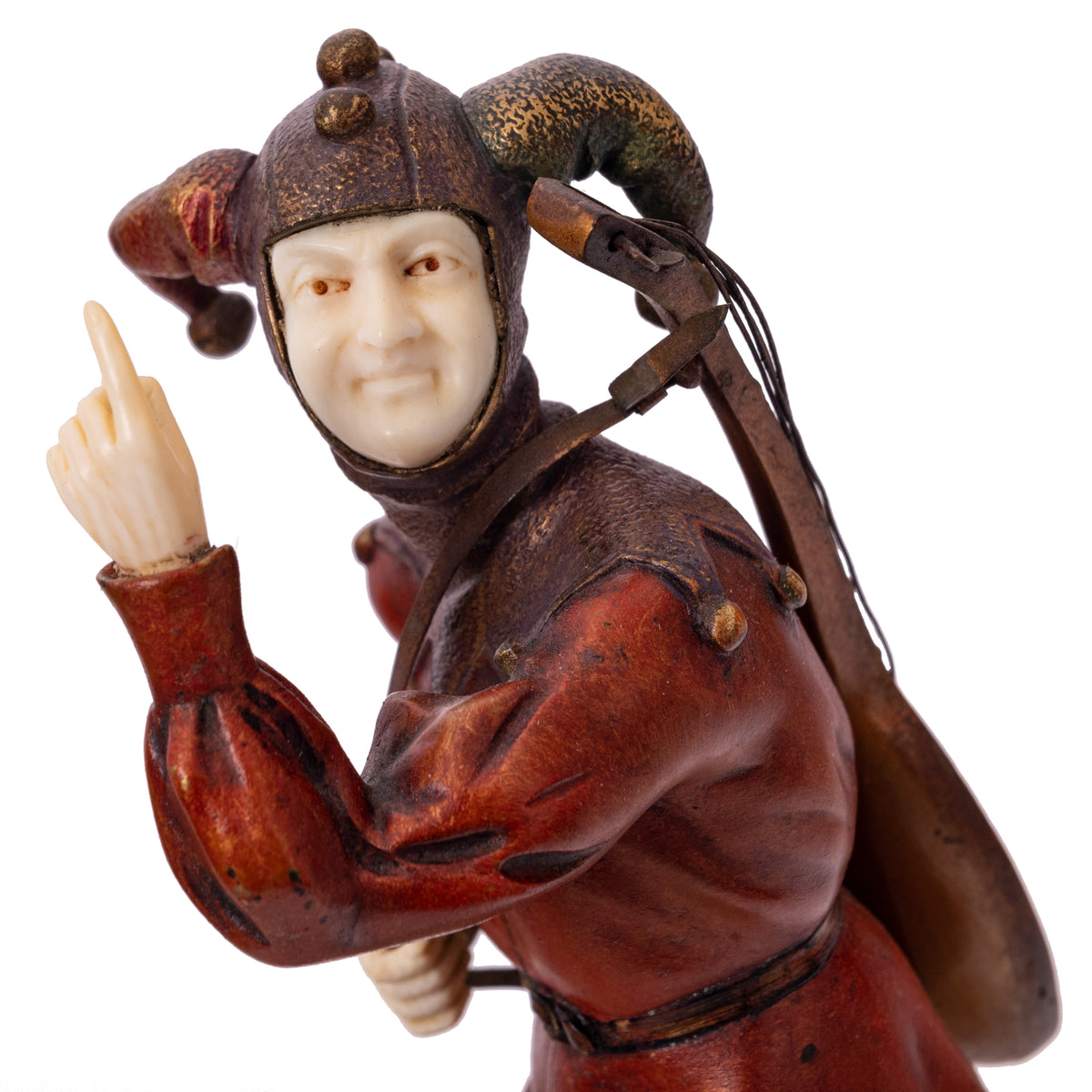Antique French Art Deco Cold Painted Bronze Ivory Jester Sculpture Figure, 1920