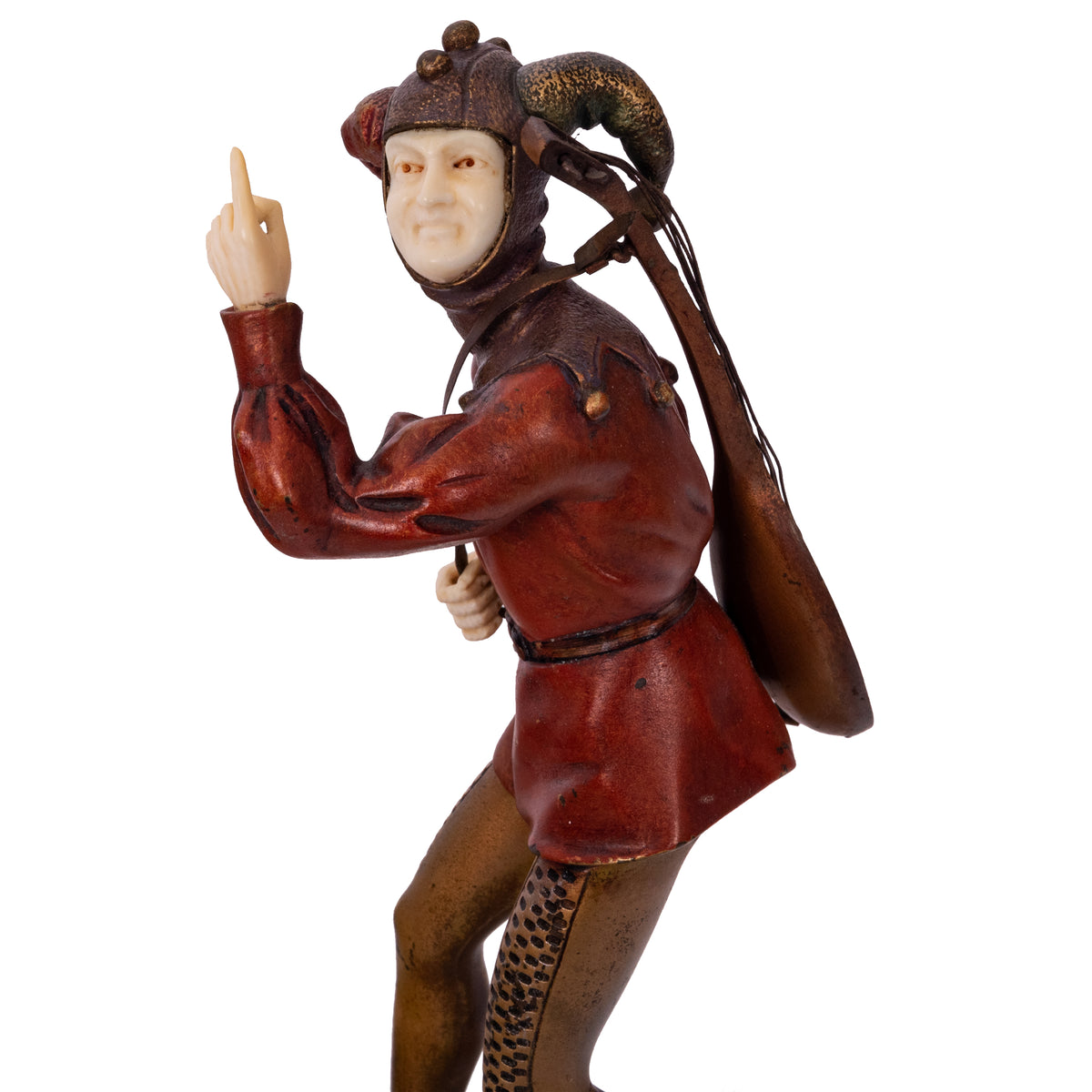 Antique French Art Deco Cold Painted Bronze Ivory Jester Sculpture Figure, 1920