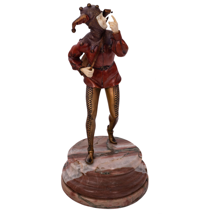 Antique French Art Deco Cold Painted Bronze Ivory Jester Sculpture Figure, 1920