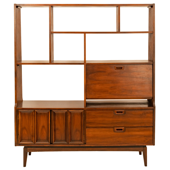 American Mid-Century Modern Walnut Room Divider Bar Desk Buffet Hutch, 1960's