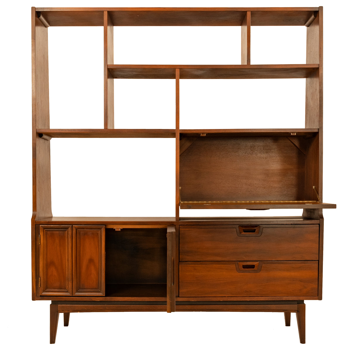 American Mid-Century Modern Walnut Room Divider Bar Desk Buffet Hutch, 1960's
