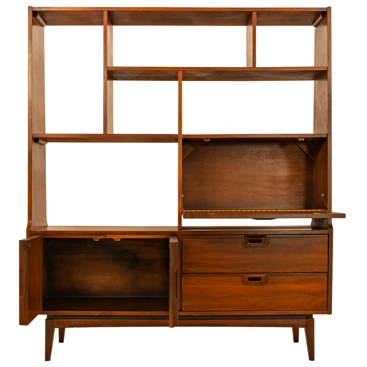 American Mid-Century Modern Walnut Room Divider Bar Desk Buffet Hutch, 1960's